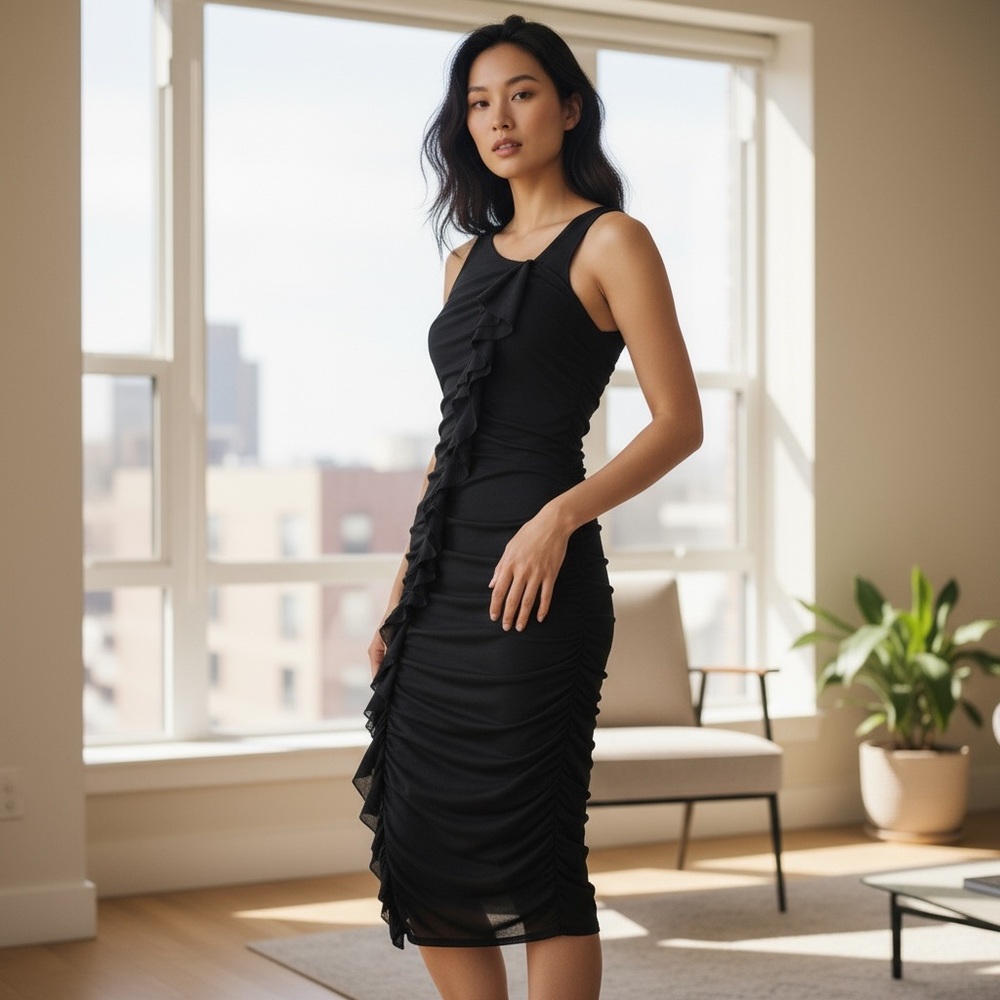 Jean Paul Gaultier Soleil Vintage Black Ruffle Midi Length Sheath Dress Size M